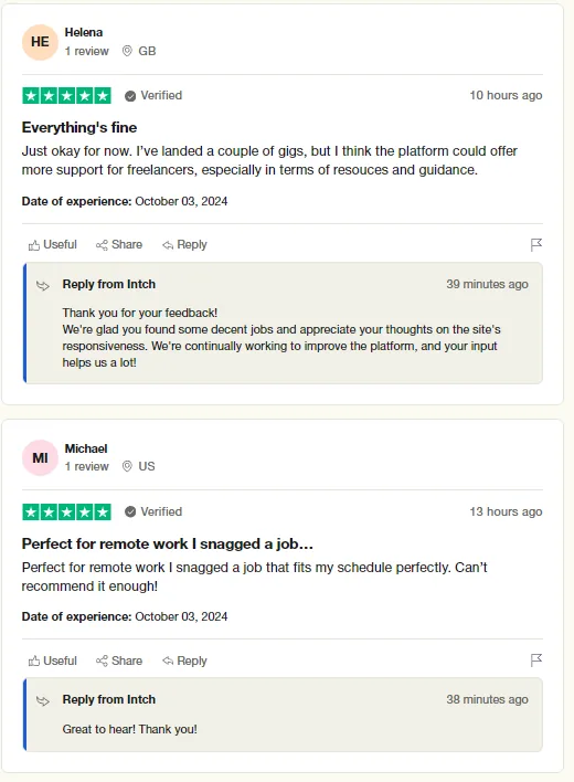 Two Trustpilot reviews: Helena landed a couple of gigs on Intch but wants more support for freelancers; Michael found a remote job that fits his schedule.