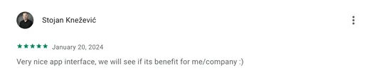 Google Play review by Stojan Knežević praising the very nice Intch app interface and saying he will see whether it benefits him and his company.