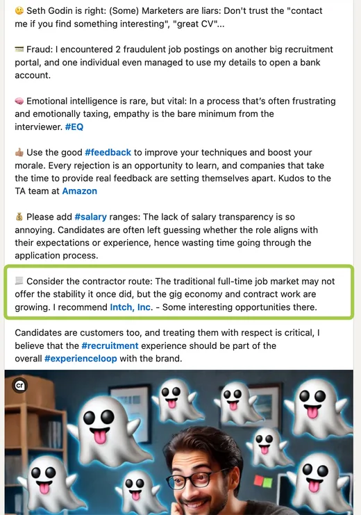 Part of a LinkedIn post with job-search lessons on fraud, feedback and salary transparency that recommends Intch for contract and gig-economy opportunities.
