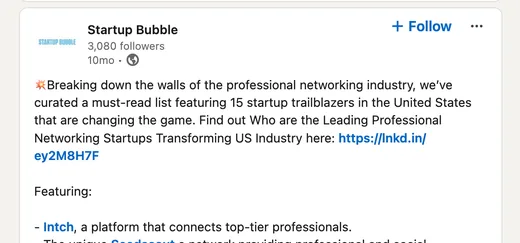 LinkedIn post by Startup Bubble featuring Intch in its list of leading professional networking startups transforming US industry.