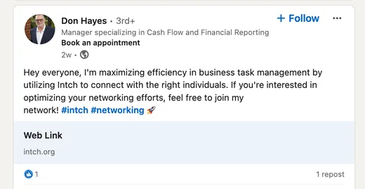 LinkedIn post by Don Hayes saying he uses Intch to connect with the right people for business tasks and inviting others to join his network.