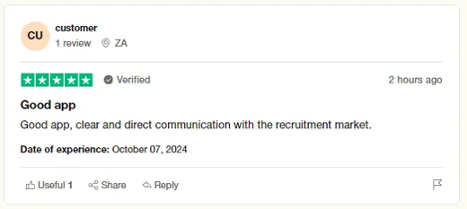 Verified Trustpilot review from a customer in South Africa calling Intch a good app with clear and direct communication with the recruitment market.