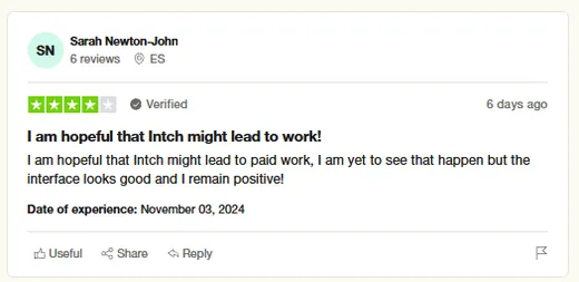 Trustpilot review by Sarah Newton-John from Spain, who hopes Intch will lead to paid work and says the interface looks good.
