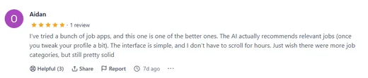 Product Hunt review by Aidan saying Intch is one of the better job apps, with AI that recommends relevant jobs and a simple interface.