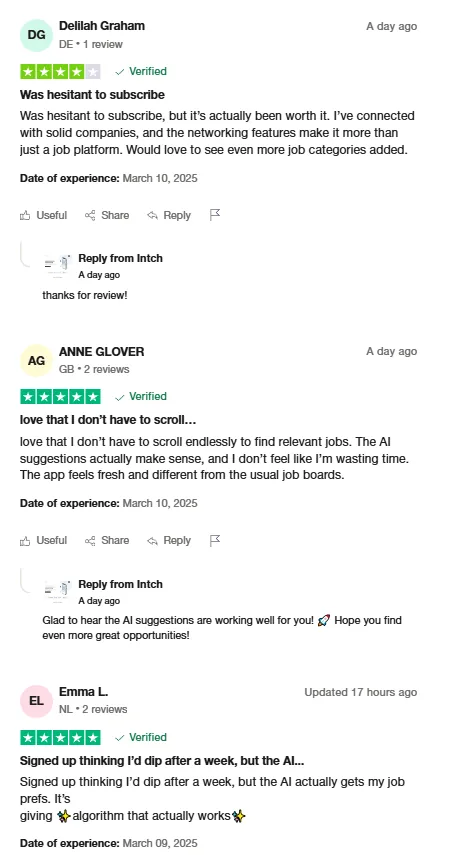 Three Trustpilot reviews by Delilah Graham, Anne Glover and Emma L. saying Intch was worth subscribing to, with relevant AI job suggestions and useful networking features.