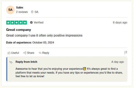 Five-star Trustpilot review by Salim calling Intch a great company that he uses often, with only positive impressions.