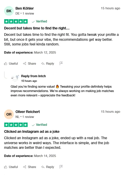 Trustpilot reviews by Ben Köhler and Oliver Reichert: job recommendations improve after tweaking the profile, and an Instagram ad led to a real job.