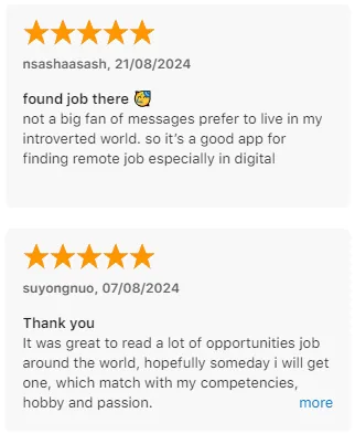 Two five-star App Store reviews: one user found a job and calls Intch a good app for remote digital jobs; another enjoyed browsing job opportunities around the world.