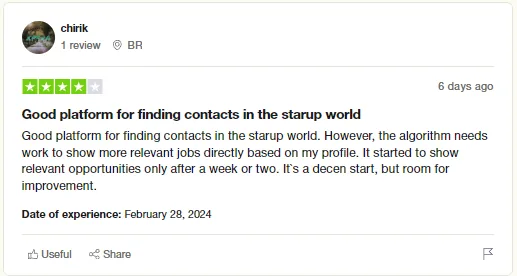 Trustpilot review by chirik calling Intch a good platform for finding startup contacts, while noting job recommendations took a week or two to become relevant.