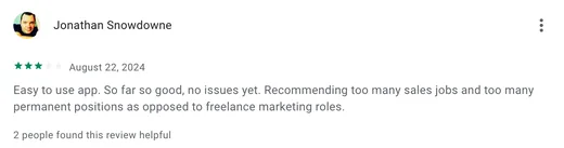Google Play review by Jonathan Snowdowne calling Intch easy to use, while noting it recommends too many sales and permanent jobs instead of freelance marketing roles.