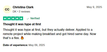 Trustpilot review by Christina Clark: she doubted Intch at first, then applied to a remote project while making breakfast and got hired the same day.