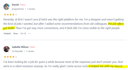 Two Product Hunt reviews: designer Daniel got better job offers and more connections after adding recommendations, and Isabella Wilson says Intch helped her job search.