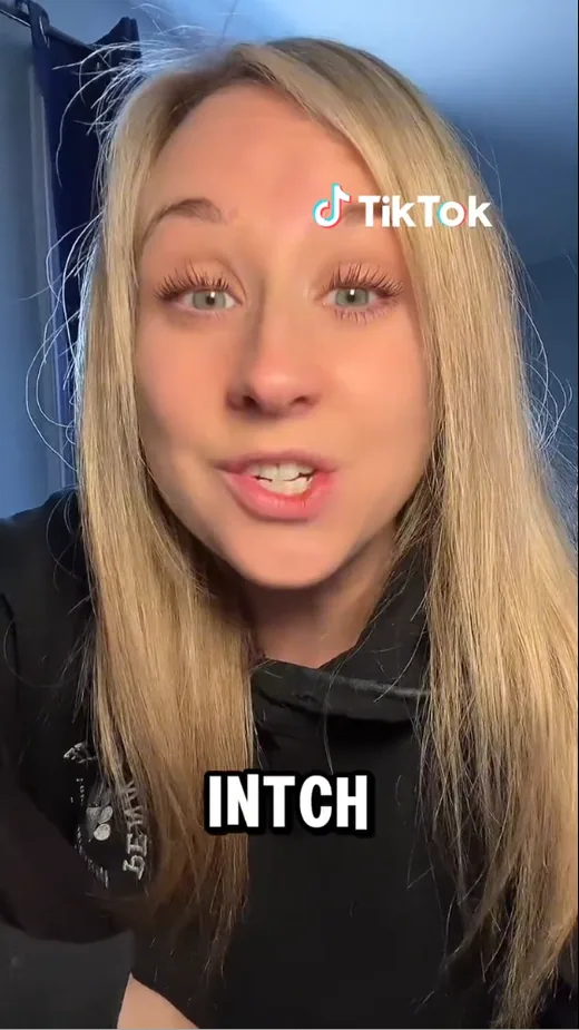 Frame from a TikTok video in which a creator talks to the camera and recommends Intch, with the on-screen caption "INTCH".