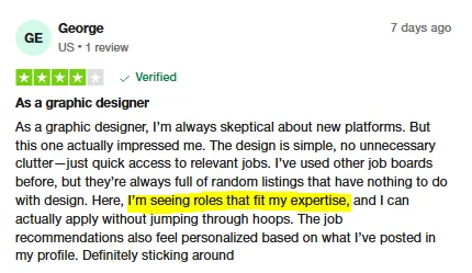 Trustpilot review by George, a graphic designer: unlike other job boards, Intch shows roles that fit his expertise, with personalized recommendations and easy applying.