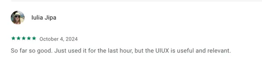 Five-star Google Play review by Iulia Jipa saying that after an hour of use the Intch app's UI/UX is useful and relevant.