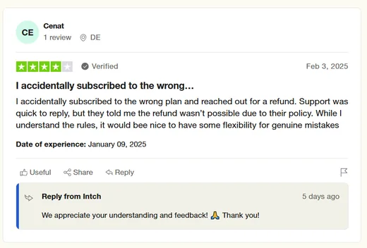 Four-star Trustpilot review by Cenat: support replied quickly about a wrong-plan subscription, but a refund was not possible; she wishes for more flexibility.