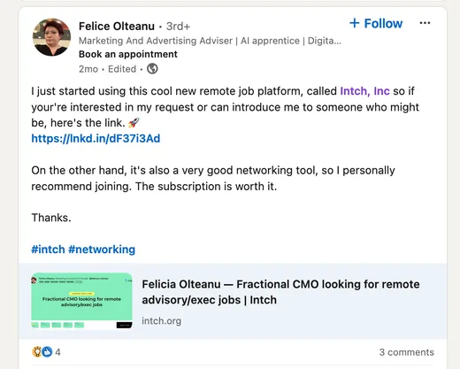 LinkedIn post by Felice Olteanu sharing her Intch profile, calling Intch a cool remote job platform and a very good networking tool whose subscription is worth it.