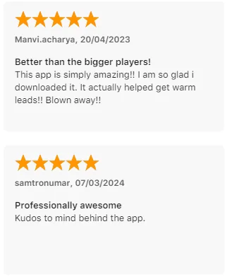 Two five-star App Store reviews: Manvi.acharya says the Intch app is better than bigger players and brought warm leads; samtronumar calls it professionally awesome.