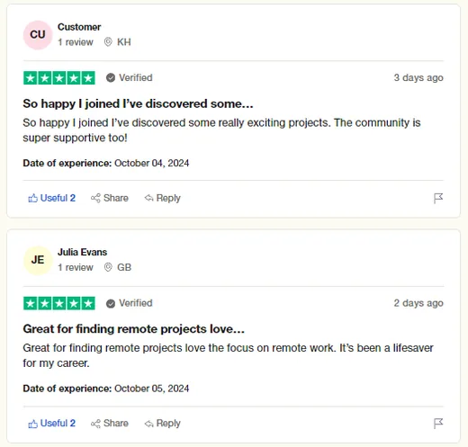 Trustpilot reviews by a customer and Julia Evans about discovering exciting remote projects and a supportive community on Intch.