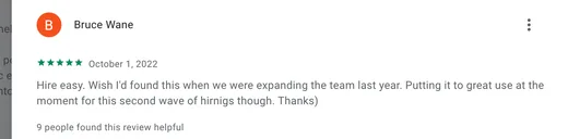 Five-star Google Play review by Bruce Wane saying Intch makes hiring easy and he is using it for his team's second wave of hiring.