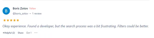 Product Hunt review by Boris Zotov saying he found a developer on Intch, though the search process was a bit frustrating and filters could be better.