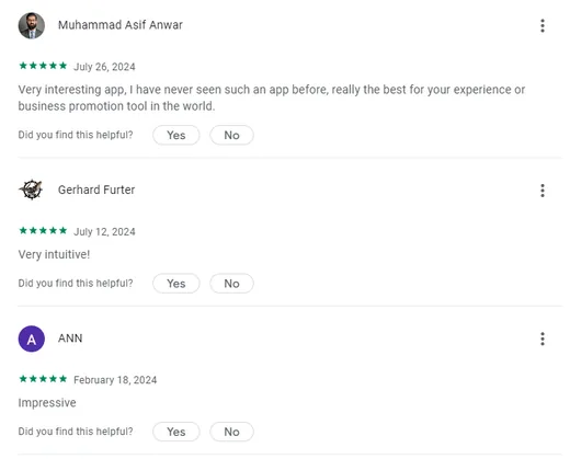 Three five-star Google Play reviews of Intch: Muhammad Asif Anwar calls it a unique promotion tool, Gerhard Furter finds it very intuitive, and ANN calls it impressive.