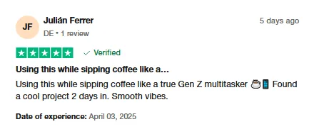 Five-star Trustpilot review by Julián Ferrer saying he found a cool project within 2 days of using Intch and enjoyed the smooth experience.