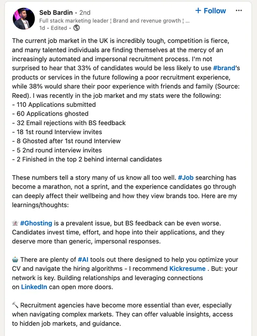 LinkedIn post by marketing leader Seb Bardin on the tough UK job market, sharing his application stats and lessons on ghosting, AI tools, networking and recruitment agencies.