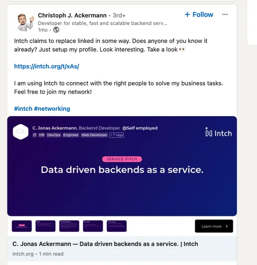 LinkedIn post by backend developer Christoph J. Ackermann sharing his new Intch profile and inviting people to join his network.