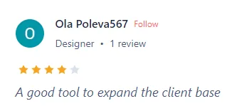 Four-star review by Ola Poleva567, a designer, calling Intch a good tool for expanding the client base.