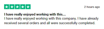 Anonymous five-star Trustpilot review saying the reviewer enjoyed working with Intch and has already received and completed several orders.