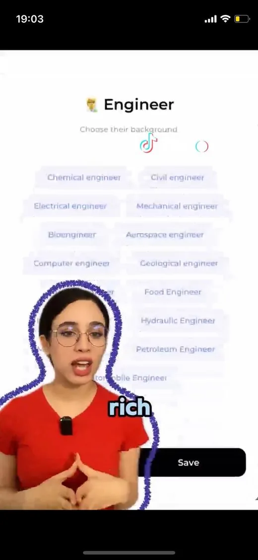 Frame from a TikTok video showing the Intch app screen where a user picks their profession, with the creator in the corner.