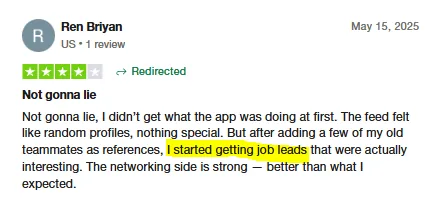 Trustpilot review by Ren Briyan: after adding former teammates as references, he started getting interesting job leads on Intch.