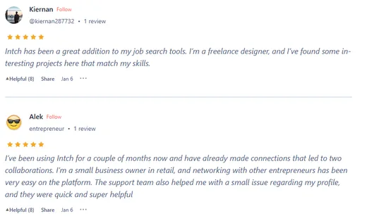 Two five-star Sitejabber reviews: Kiernan, a freelance designer, found projects matching his skills on Intch; Alek, a retail business owner, made connections that led to two collaborations.