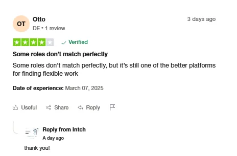 Trustpilot review by Otto saying Intch is one of the better platforms for finding flexible work, though some roles don't match perfectly.