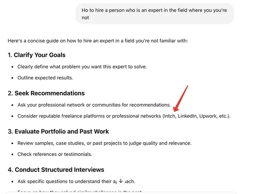 Screenshot of an AI chatbot answer on how to hire an expert in an unfamiliar field, recommending Intch first among reputable freelance platforms and professional networks.