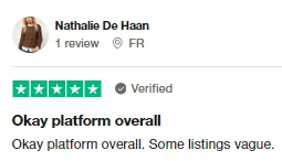 Verified Trustpilot review by Nathalie De Haan from France calling Intch an okay platform overall, though some listings are vague.
