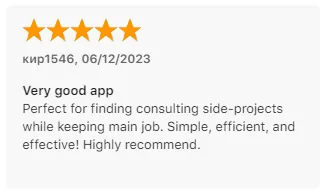 Five-star App Store review by кир1546 calling Intch perfect for finding consulting side-projects while keeping a main job.