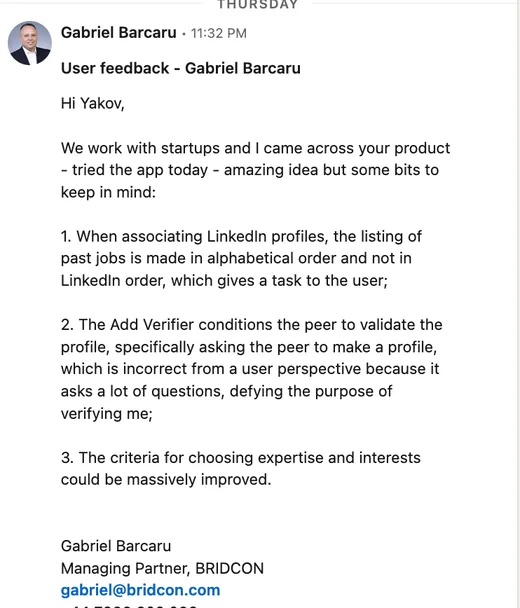 Feedback message from Gabriel Barcaru calling Intch an amazing idea and suggesting fixes to LinkedIn import order, the verifier flow and expertise selection.