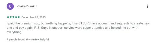 Five-star Google Play review by Claire Dumich: after an account issue with her premium subscription, Intch support was super attentive and helped with everything.