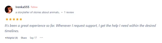 Product Hunt review by Irenka555 describing a great experience so far, with support always helping within the desired timelines.