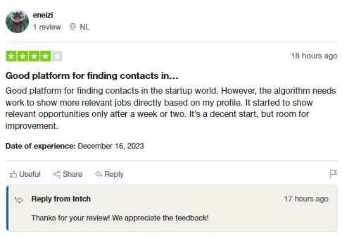 Trustpilot review by eneizi calling Intch a good platform for finding startup contacts, while noting job recommendations took a week or two to become relevant.