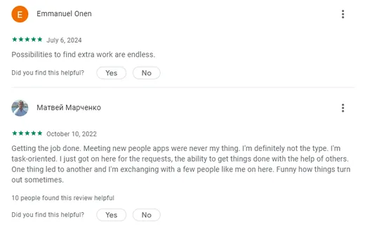 Two five-star Google Play reviews: Emmanuel Onen says the possibilities to find extra work are endless; another user joined for task requests and ended up connecting with people.