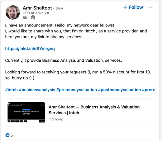 LinkedIn post by Amr Shaltoot, CEO at Advalyst, announcing he is on Intch as a service provider offering business analysis and valuation, and sharing his Intch link.
