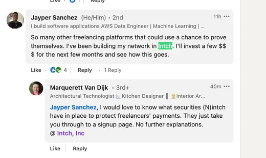 LinkedIn comment thread: Jayper Sanchez says he is building his network on Intch; Marquerett Van Dijk asks how Intch protects freelancers' payments.