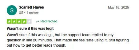 Trustpilot review by Scarlett Hayes from the US: Intch support answered her question in about 20 minutes, which made her feel safe using the app.