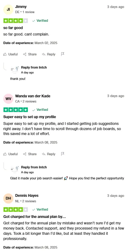Trustpilot reviews by Jimmy, Wanda van der Kade and Dennis Hayes on easy profile setup, instant job suggestions and a refund handled by support.