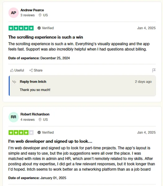 Two Trustpilot reviews: Andrew Pearce praises Intch's fast, appealing app and helpful support; web developer Robert Richardson likes the layout but found job matches off.