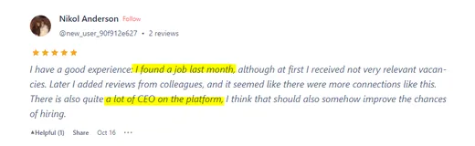 Product Hunt review by Nikol Anderson saying she found a job last month on Intch after adding colleague reviews, and noting the many CEOs on the platform.