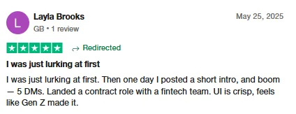 Trustpilot review by Layla Brooks saying a short intro on Intch brought five DMs and a contract role with a fintech team, and praising the crisp UI.